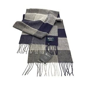 Johnstons of Elgin 100% Cashmere Scarf Navy Grey Block Check Plaid I07